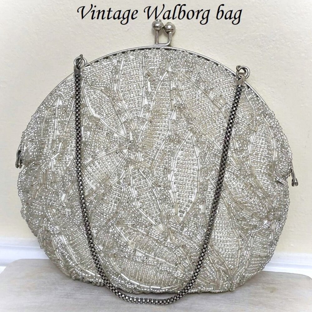 Walborg purse, vintage purse, silver beaded purse, round purse, kiss lock design